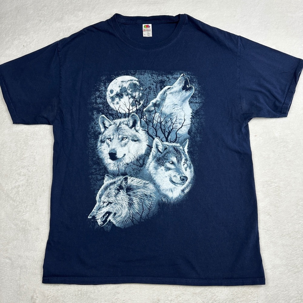 Fruit of the Loom HD Cotton Wolf Moon Graphic T-Shirt Navy Blue Large 572